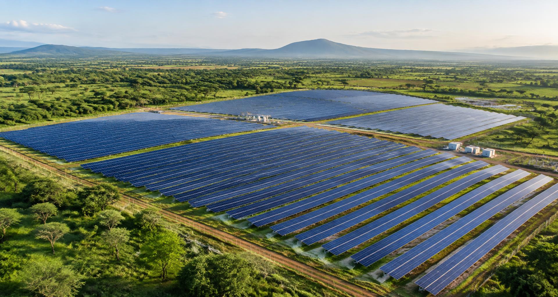 Illustrative aerial view of solar infrastructure in a Kenyan landscape
